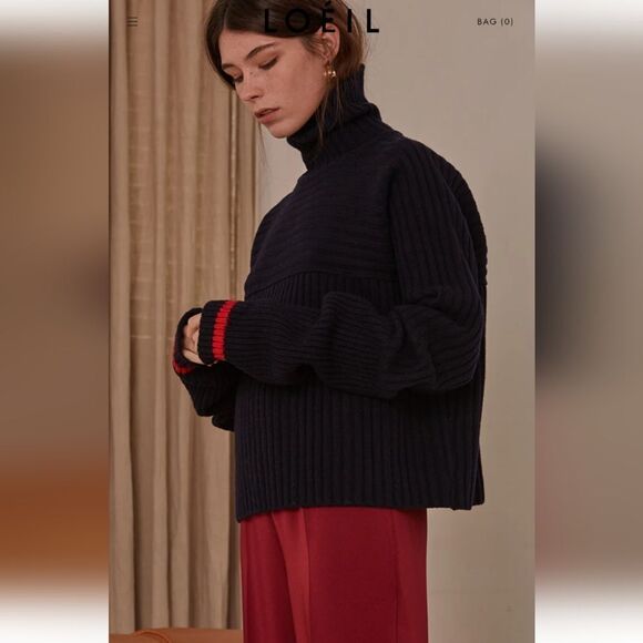 LOEIL Navy Blue Jupe Ribbed Drop Shoulder Turtleneck Wool Sweater Fits Sz Small - Picture 4 of 15
